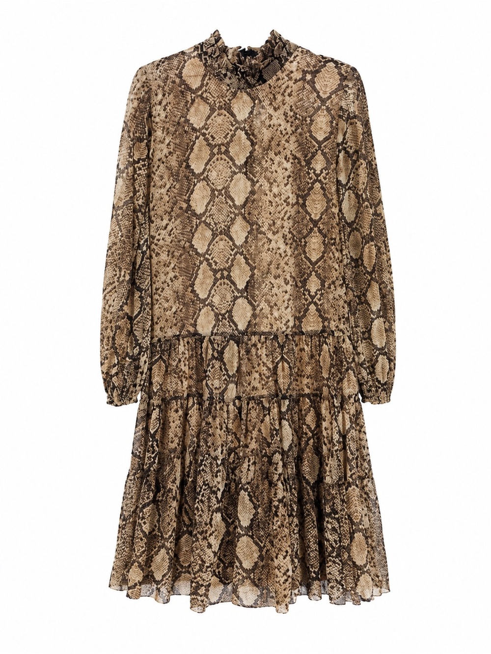 Zara Brown Taupe Snake-Print Long Sleeve Tiered Dress